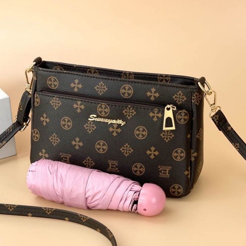 Oblique Adjustable Stripe Floral Women Shoulder Bag - Dark Brown image