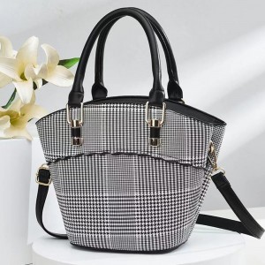 Portable Removable Stripe Bucket Plaid Tote Handbag - Black