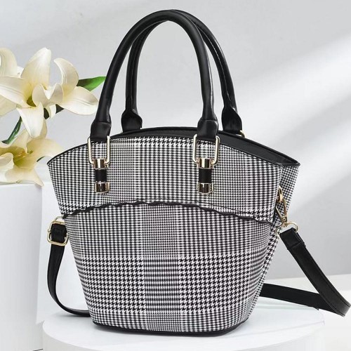 Portable Removable Stripe Bucket Plaid Tote Handbag - Black image
