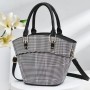 Portable Removable Stripe Bucket Plaid Tote Handbag - Black