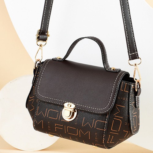 Lock Closure Round Letters Printed Messenger Shoulder Bag - Dark Brown image
