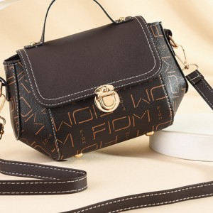 Lock Closure Round Letters Printed Messenger Shoulder Bag - Dark Brown