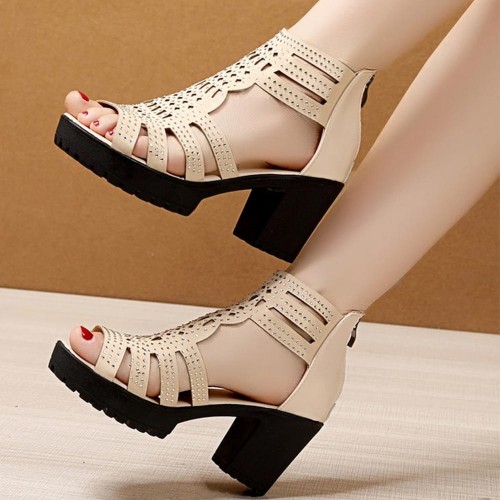 Platform Fish Mouth Back Zipper High Women Heel Sandals - Beige image
