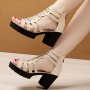 Platform Fish Mouth Back Zipper High Women Heel Sandals - Beige