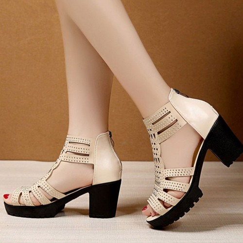 Platform Fish Mouth Back Zipper High Women Heel Sandals - Beige image