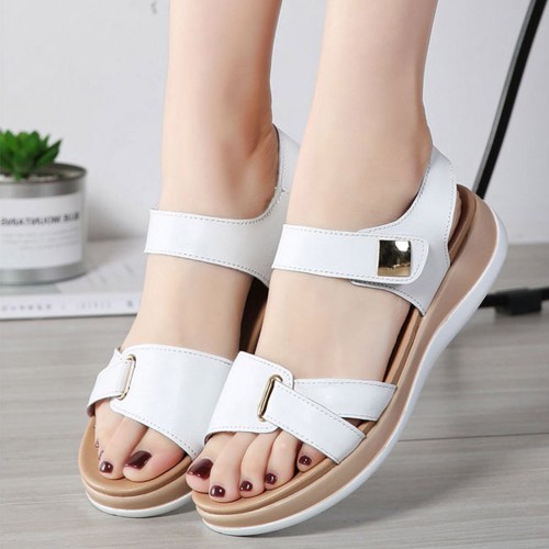Velcro Closure Open Toe Flat Sandals for Women in White image