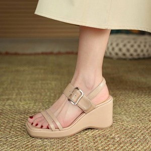Thick Soled Strapped Square Toe Wedge Women Sandals Beige