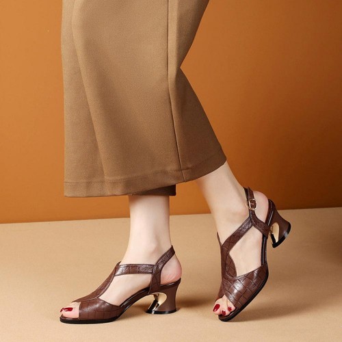 Luxury Chunky Leather Buckle Strap Women Heel Sandals Brown image