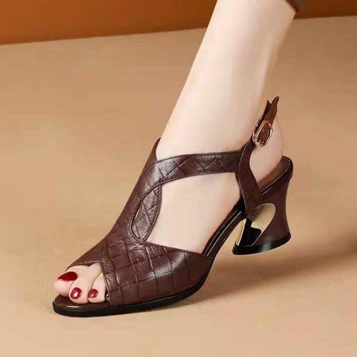 Luxury Chunky Leather Buckle Strap Women Heel Sandals Brown image
