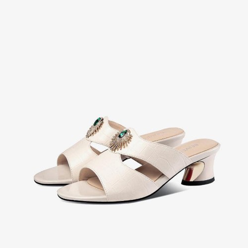 Casual Style Open Toe Hollow Women Thick Heels Shoes - Cream image