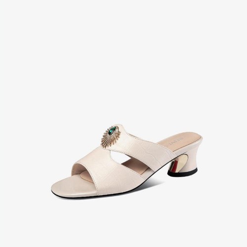 Casual Style Open Toe Hollow Women Thick Heels Shoes - Cream image