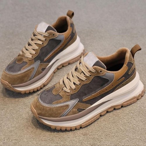 Round Head Laces Up Chunky Heel Women Sneakers Brown image