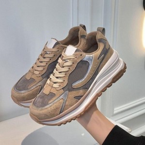 Round Head Laces Up Chunky Heel Women Sneakers Brown
