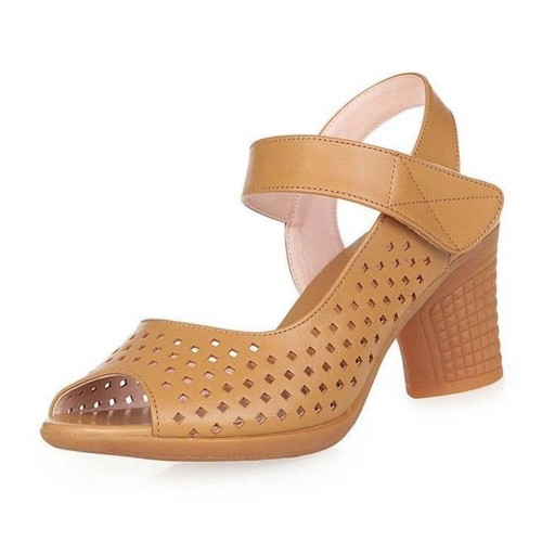 Vintage Style Fish Mouth Velcro Mid Heels Women Sandals Brown image
