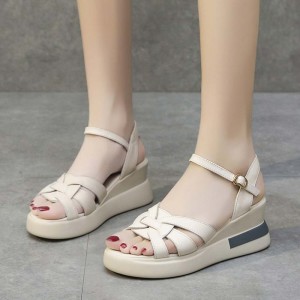 Multi Strapped Buckle Closure Women Wedge Sandals Cream