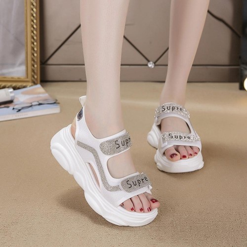 Rhinestone Muffin Open Toe Velcro Wedge Sporty Sandals - White image