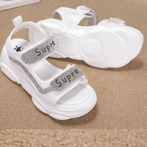 Rhinestone Muffin Open Toe Velcro Wedge Sporty Sandals - White image