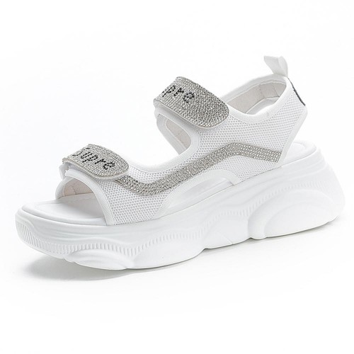 Rhinestone Muffin Open Toe Velcro Wedge Sporty Sandals - White image