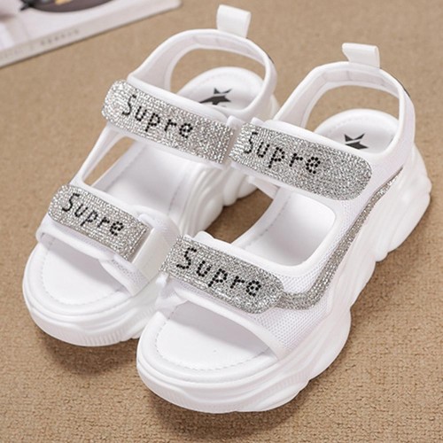 Rhinestone Muffin Open Toe Velcro Wedge Sporty Sandals - White image