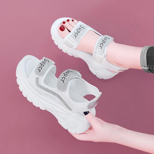 Rhinestone Muffin Open Toe Velcro Wedge Sporty Sandals - White image