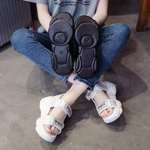 Rhinestone Muffin Open Toe Velcro Wedge Sporty Sandals - White image