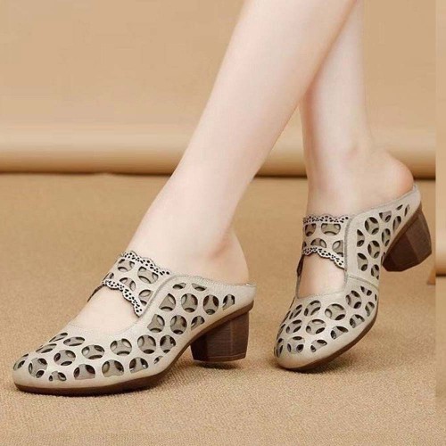 Vintage Style Round Head Hollow Breathable Mid Heels Slippers Beige image