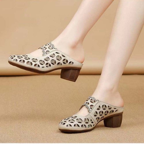 Vintage Style Round Head Hollow Breathable Mid Heels Slippers Beige image