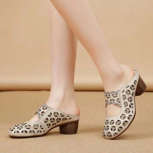 Vintage Style Round Head Hollow Breathable Mid Heels Slippers Beige image