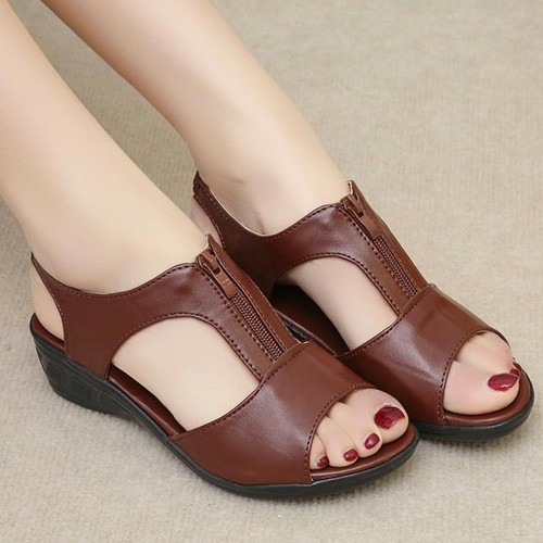 Casual Style Thick Soled Hollow Peep Toe Zipper Wedge Sandals Brown image