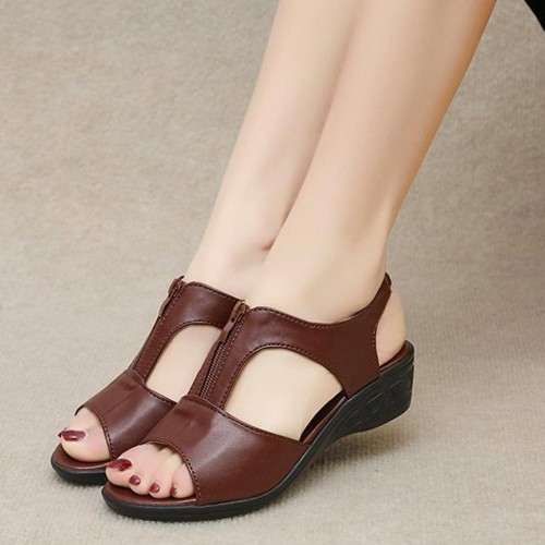 Casual Style Thick Soled Hollow Peep Toe Zipper Wedge Sandals Brown image