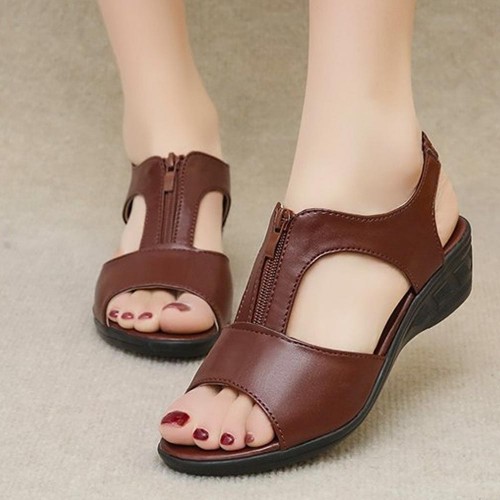 Casual Style Thick Soled Hollow Peep Toe Zipper Wedge Sandals Brown image