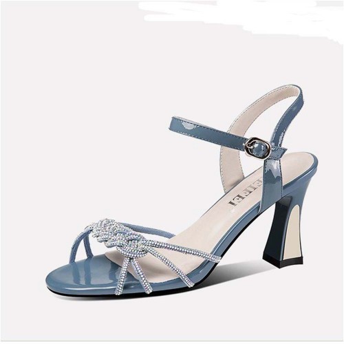 Buckle Closure Braided Rhinestone Women High Heels Blue image