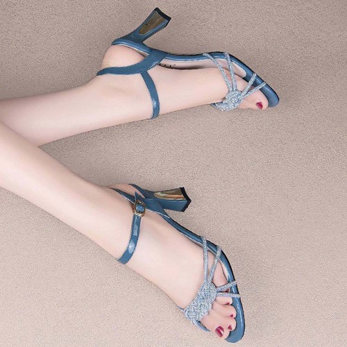 Buckle Closure Braided Rhinestone Women High Heels Blue image