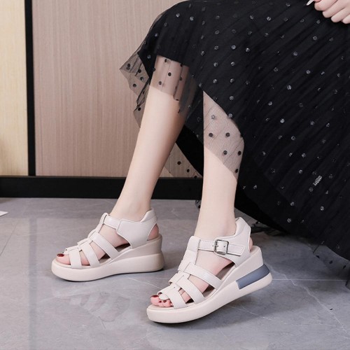 Fish Mouth Strappy Hollow Buckle Closure Wedge Sandals - Cream image