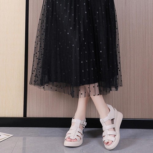 Fish Mouth Strappy Hollow Buckle Closure Wedge Sandals - Cream image