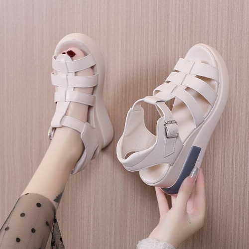 Fish Mouth Strappy Hollow Buckle Closure Wedge Sandals - Cream image