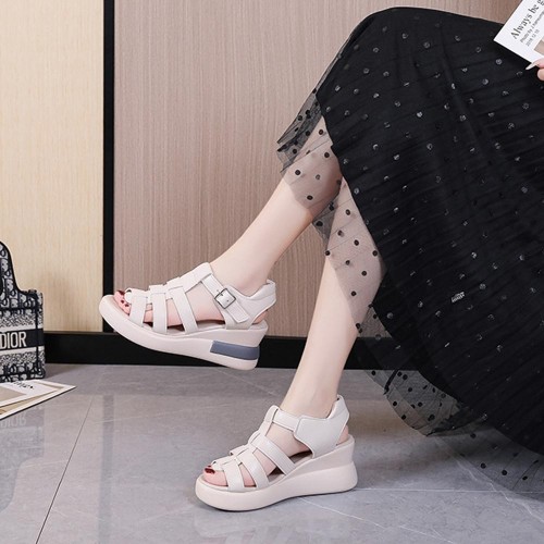 Fish Mouth Strappy Hollow Buckle Closure Wedge Sandals - Cream image