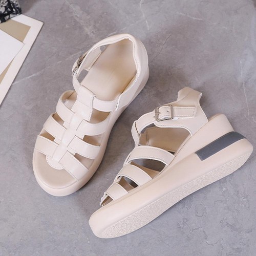Fish Mouth Strappy Hollow Buckle Closure Wedge Sandals - Cream image