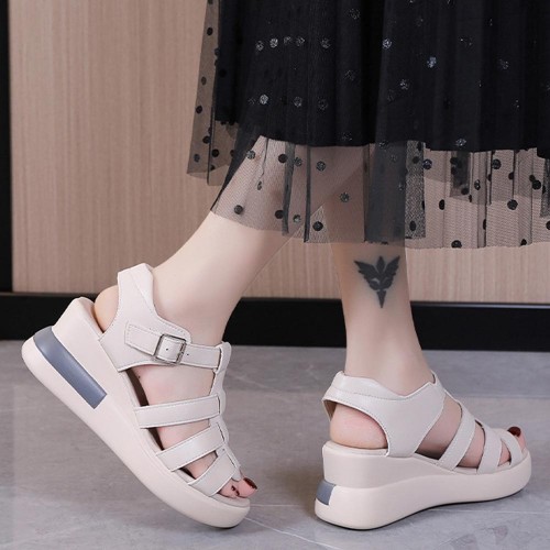 Fish Mouth Strappy Hollow Buckle Closure Wedge Sandals - Cream image