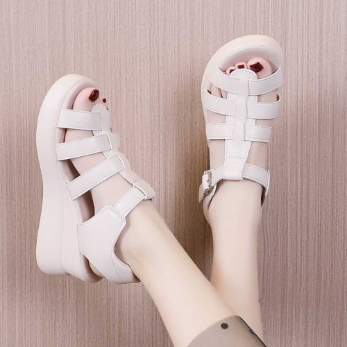 Fish Mouth Strappy Hollow Buckle Closure Wedge Sandals - Cream image