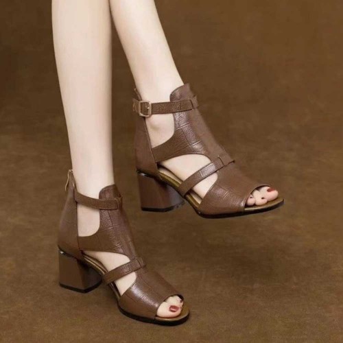 Zipper Closure Leather Hollow Square Women High Heels Brown image