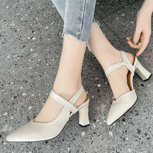 Ankle Strap Pointed Toe Soft Women High Heels Beige image