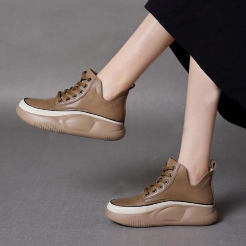 High Top Round Toe Solid Color Short Water Proof Sneakers - Brown image