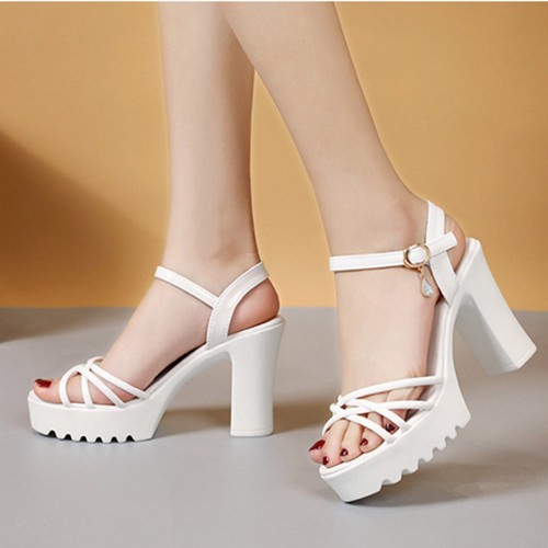 Peep Toe Platform Hollow Ankle Straps High Heel Sandals - White image