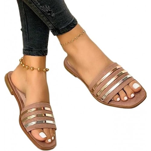 Casual Style Non Slip Square Toe Flat Slippers - Pink image