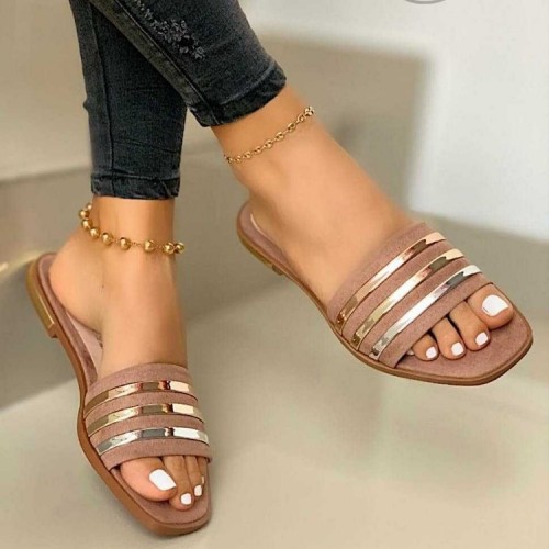 Casual Style Non Slip Square Toe Flat Slippers - Pink image