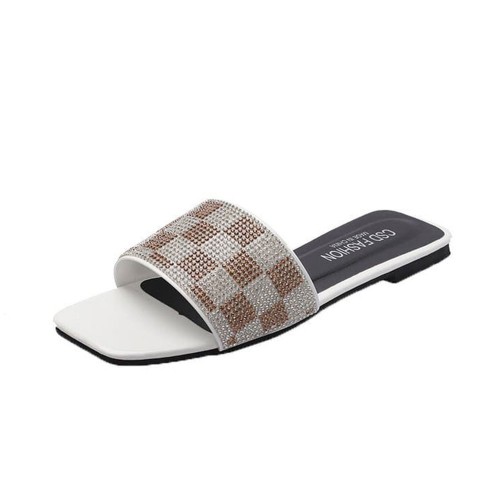 Rhinestone Square Head Checked Flat Heel Flip Flop Slippers - White image