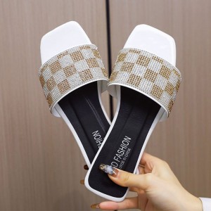 Rhinestone Square Head Checked Flat Heel Flip Flop Slippers - White