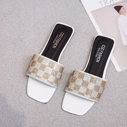 Rhinestone Square Head Checked Flat Heel Flip Flop Slippers - White image