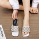 Rhinestone Square Head Checked Flat Heel Flip Flop Slippers - White image